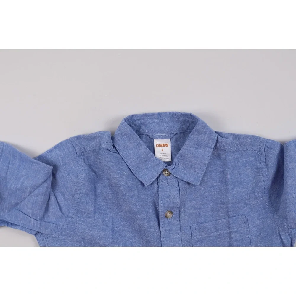 Gymboree Boys Button Down Shirt Blue Solid Size 8 Linen Blend NWT